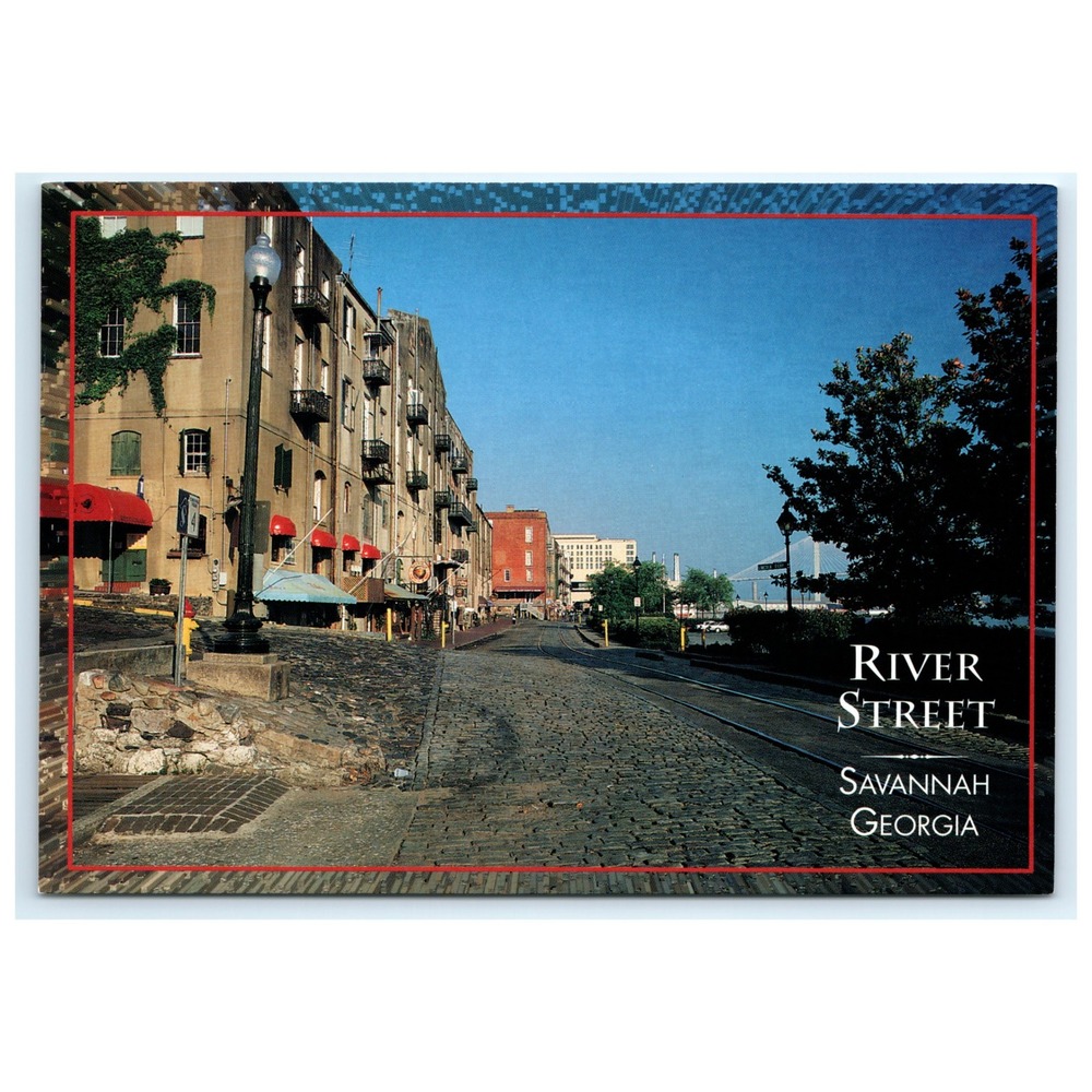 Postcard Savannah Georgia‎ River Street Waterfront Cobblestone Train Tracks